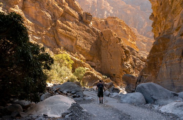 Traveler walking in a canyon in Oman