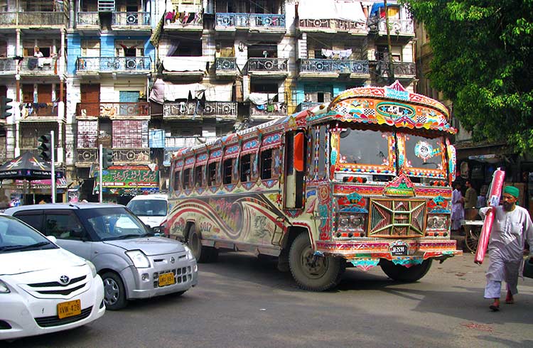 A colorful bus on the street in Karachi, Pakistan