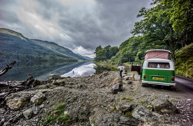 A van parked beside Loch Voil in Scotland.