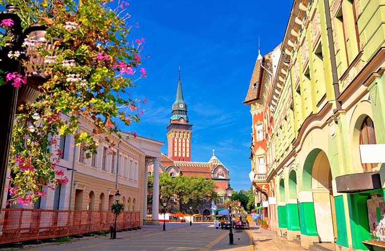 Subotica city hall and main square colorful street view, Vojvodina region of Serbia