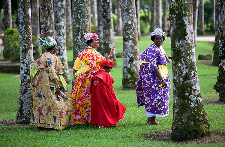 Creole women in Kotomisi dress walking in palm gardens, Suriname