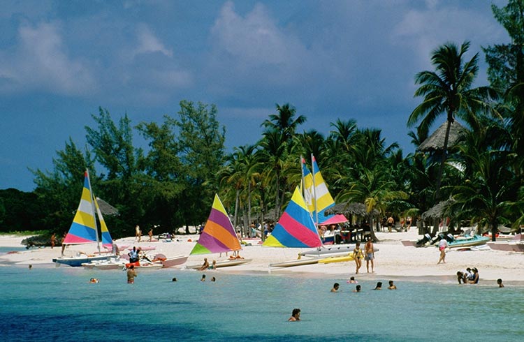 Colorful sails on a beach, Treasure Island, Abaco, Bahamas