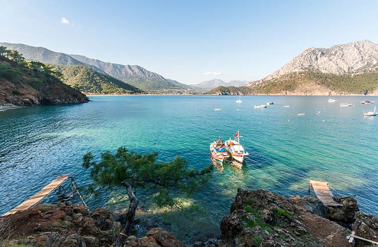 Clear blue water and mountains on the coast of Turkey
