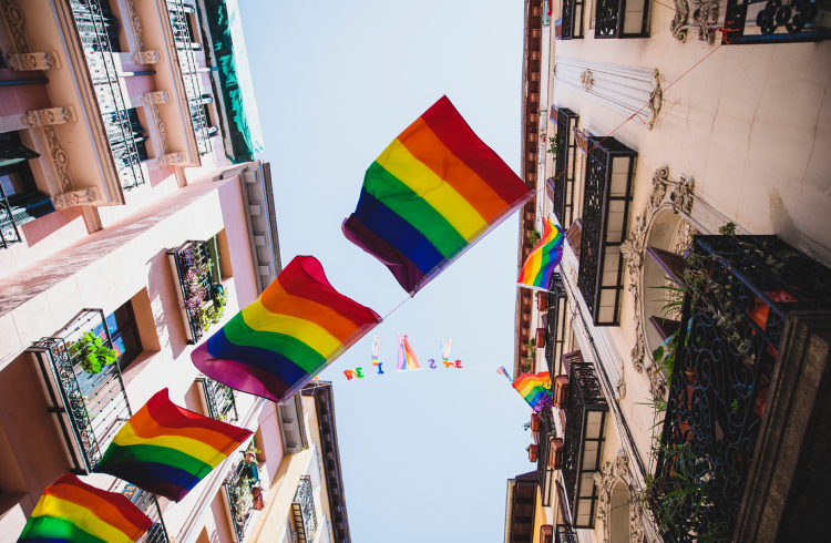 Pride flags hanging between two buildings