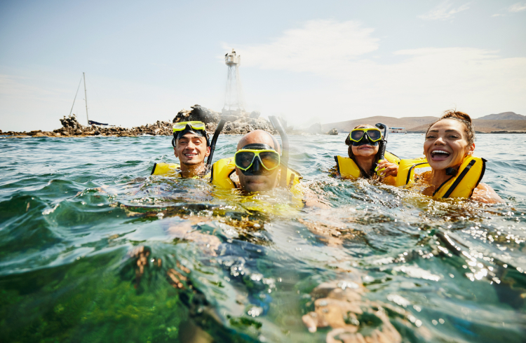 Four people in life jackets snorkelling