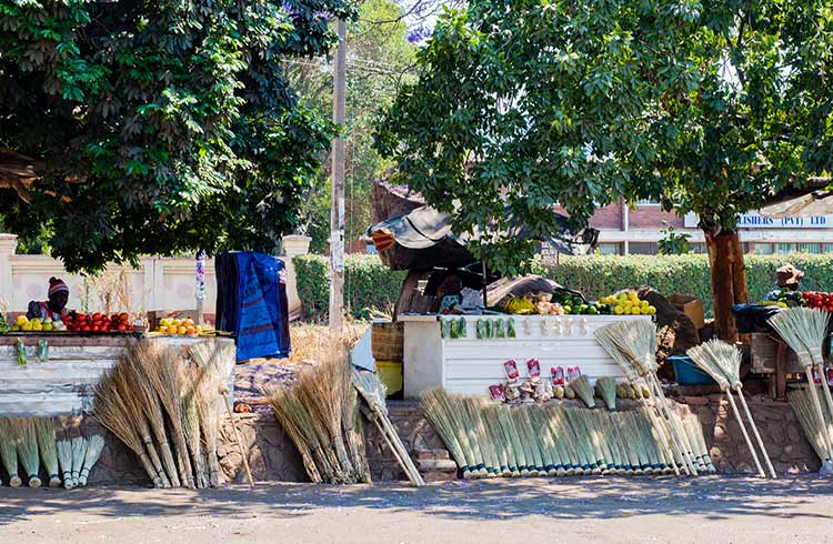 Brooms for sale on a shaded sidewalk in Harare, Zimbabwe