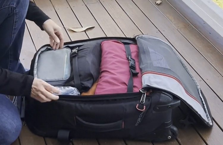 A packed carryon bag filled with packing cubes.