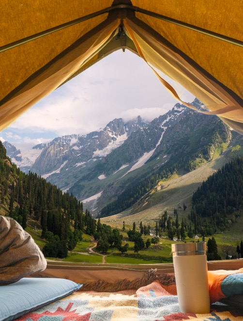 A view from inside a tent of mountains