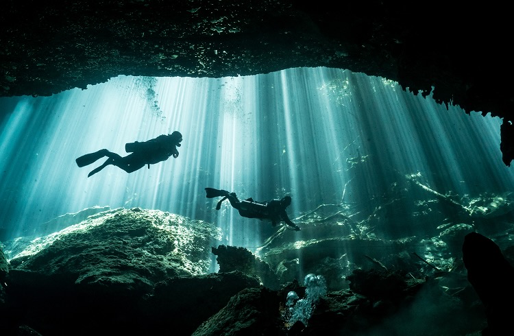 A group of people Scuba Diving on a reef