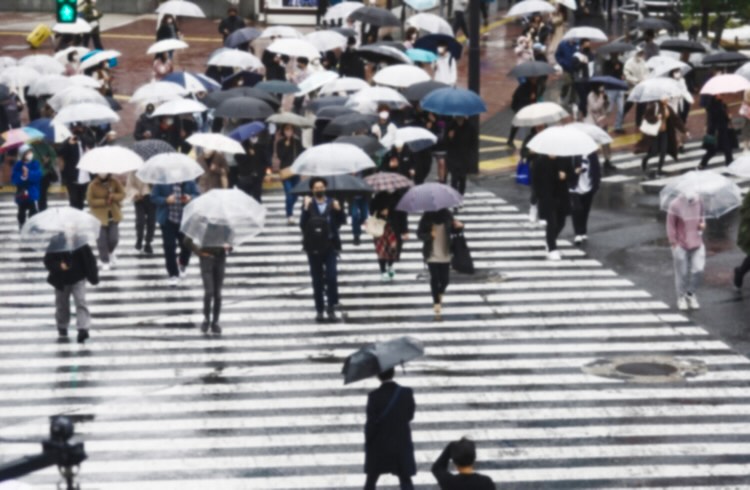 High angle view crowd of people crossing street crosswalk in Tokyo City, Japan in raining day