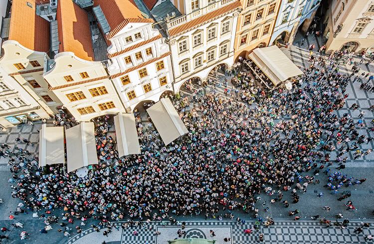 High angle view of tourists at Staromestske Namesti (Old Town Square)