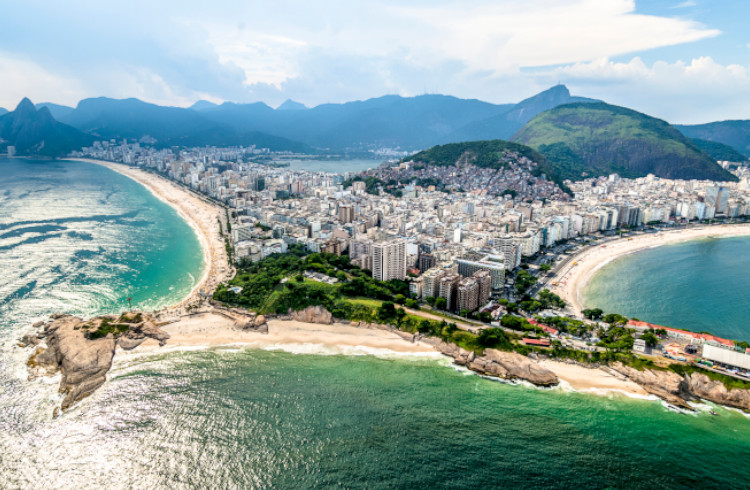 Aerial view of Ipanema, Arpoador and Copacabana in Rio de Janeiro.