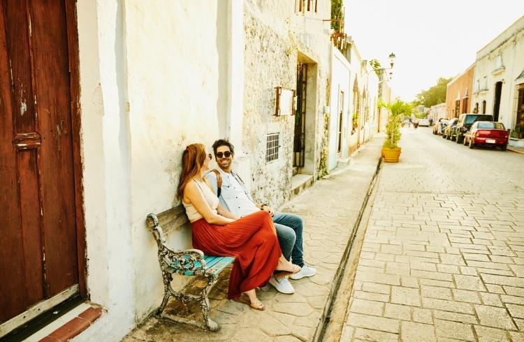 A couple in a historial town in Mexico